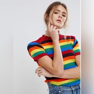 Daisy Street Short Sleeve Sweater In Rainbow Stripe